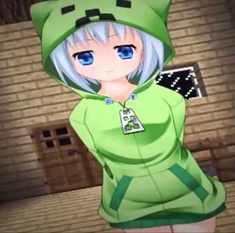 an anime character in a green outfit with blue eyes and a hoodie over her head