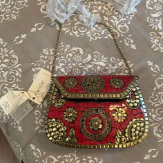 Perfect Night On The Town Bag. Top Enclosure Is Very Secure And This Is Super Stylish. It Measures 7 1/2 Inches Long 5 Inches Tall And Has A Very Long Gold Chain Strap. This Is Still Brand New With Tags. Red Bohemian Party Bag, Red Bohemian Party Bags, Bohemian Red Shoulder Bag For Parties, Red Bohemian Clutch, Red Mosaic, Metal Bag, Kraft Bag, Ethiopian Opal Ring, Perfect Night