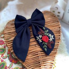 Flower Handmade Embroidery Navy Blue Hair Bow Blue Hair Bow, Navy Blue Hair, Blue Hair Bows, Flower Handmade, Handmade Embroidery, Ribbon Embroidery, Blue Hair