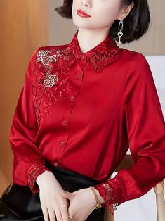 Hollow Out Button Up Shirt Long Sleeve Casual Top For All - Temu Shirt Dress Summer, Long Sleeve Tops Casual, Satin Shirt, Embroidery Fashion, Mini Shirt Dress, Casual Coat, Office Lady, Red Blouses, Silk Shirt