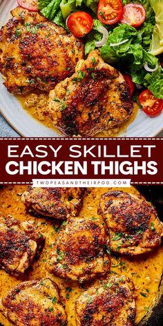 This Easy Skillet Chicken Thighs make a great addition to your family weeknight dinner recipes! This chicken recipe has a simple garlic cream sauce and takes less than 30 minutes to make. What an easy weeknight dinner idea for tonight! Chicken Thigh Ideas Easy Dinners, Chicken Thigh Pasta Recipes Easy, Kid Friendly Chicken Thigh Recipes, Saute Chicken Recipes Simple, Chicken Thigh Recipes Comfort Food, Chicken Thighs In Skillet, Chicken Thigh Skillet Recipes, Easy Chicken Thigh Recipes Quick, Summer Chicken Thigh Recipes