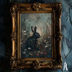 a painting of a rabbit in a field of flowers