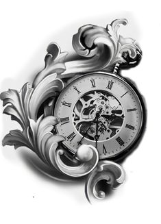 an intricately designed clock with roman numerals on the face is shown in black and white