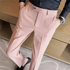 SPECIFICATIONS Material: Polyester Applicable Season: Spring and Autumn Style: England Style Applicable Scene: BUSINESS Front Style: Flat Pant Closure Type: Zipper Fly Gender: MEN Item Type: Suit Pants The Item is Asia Size Pls check the size chart carefully 1. Due to manual measurement, please allow 1-3cm tolerance. 2. Color may slightly vary from the image due to different computer screen and light affect. 3. If you are not sure about the size, please tell us your height and weight other infor Slim Fit Wide Leg Dress Pants With Pockets, Wide Leg Slim Fit Dress Pants With Pockets, Slim Fit Spring Work Pants, Fitted Pink Pants With Welt Pockets, Fitted Dress Pants With Pockets For Party, Fitted Dress Pants For Party, Formal Pink Long Pants, Pink Fitted Bottoms With Welt Pockets, Fitted Pink Dress Pants With Straight Leg