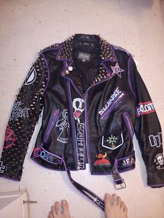 Colorful studded painted punk jacket Misfits Clothes, Colorful Punk Outfits, Ftm Outfits, Denim Pocket Details, Battle Vest