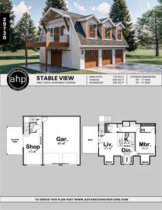 the floor plan for a two story house with garage and living quarters, as well as an