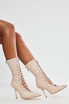 Available In Grey And Cream. Heeled Booties Lace Up Detail Pointed Toe Mid Heel Imported | Chloe Lace Up Booties in Cream size 8 by Fashion Nova Cream Fashion, Lace Up Booties, Mid Heel, Fashion Nova, Chloe, Size 7, Size 10, Lace Up, Size 6