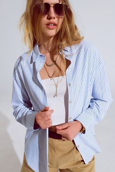 Q2 Blue Striped Button Up Blouse Blue Stripe Shirt Women Outfit, Long Sleeve Polo Outfit Women, Blue Striped Blouse Outfit, Blue Polo Shirt Outfit Women, Blue Stripes Outfit, Long Sleeve Polo Outfit, Linen Shirt Outfit Women, Striped Blouse Outfit, Sleeve Shirt Outfit