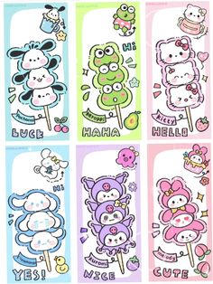 hello kitty stickers are shown in four different colors and sizes, including one with an animal on it