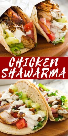 the chicken shawarma is cut in half and served on a wooden platter