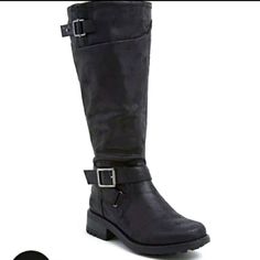 Torrid Black Oil Suede Buckle Riding Boots Size: 8w Color: Black Zip Up On The Inside Extra Cushioned Footbed Rubber Sole New In Box Smoke Free Torrid Boots, Womens Black Booties, Faux Suede Boots, Lug Sole Boots, Wide Width Shoes, Tall Leather Boots, Oil Slick, Slouched Boots, Wide Calf Boots