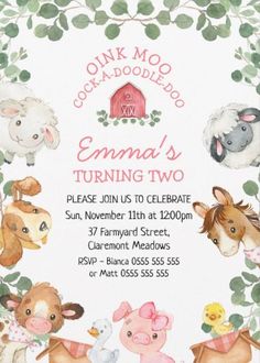 an animal themed birthday party with farm animals on the front and back of the card