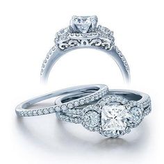 two engagement rings with diamonds on top and the middle one has a center diamond in the middle