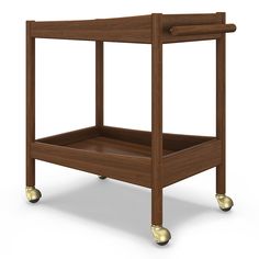 a wooden serving cart with two trays on wheels