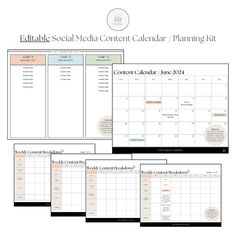 the editable social media content calendar / planning kit is shown in three different styles