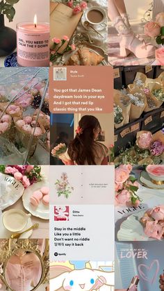 a collage of photos with flowers, candles and other things in them that are pink