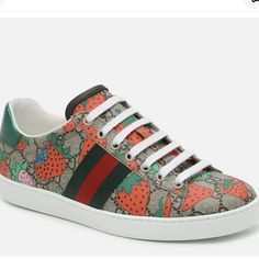 Decorated With A Graphic Strawberry Print In Pop-Art Tones, The Gucci Ace Playfully Modernize The Traditional Sneaker. Lace-Up Fastening Round Toe Lightly Padded Footbed Upper: Canvas Lining: 100% Leather Sole: 100% Rubber Two Dust Bags Included Size 35 (Approximately A Us 5) Made In Italy Condition: New With Box. Guaranteed 100% Authentic! We Combine Shipping On Multiple Orders! Please Ask! Strawberry Sneakers, Luxury Wishlist, Gucci Ace Sneakers, Athleisure Sneakers, Shoes Gucci, Gucci Sneakers, Cute Sneakers, Strawberry Print, Print Sneakers