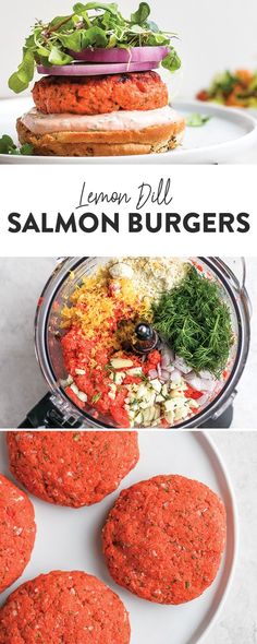 lemon dill salmon burgers on a white plate