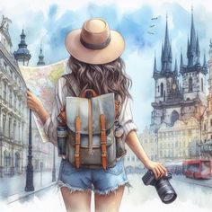 a painting of a woman with a backpack looking at a map and holding a camera