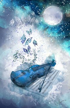 a blue violin sitting on top of music sheets with butterflies flying around it and the moon in the background