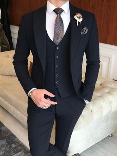 Bojoni Navy Slim-Fit Suit 3-Piece | BOJONI Navy Slim Fit Suit, Suit For Men Wedding, Best Wedding Suits, Stylish Mens Suits, Black Suit Men, Blue Suit Men, Slim Fit Suit Men, Classy Suits, Wedding Suits Groom