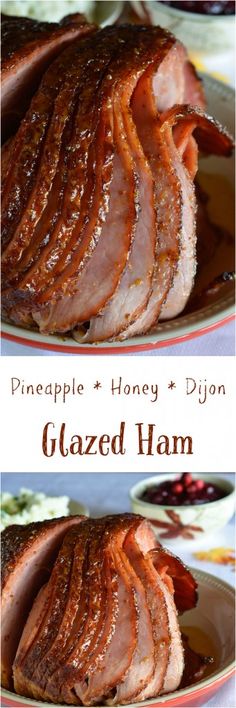 sliced ham on a plate with honey glaze in the middle and glazed ham below