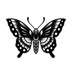 a black and white butterfly with dots on it's wings, sitting in front of a