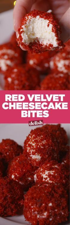 red velvet cheesecake bites on a white plate