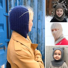 four pictures of children wearing knitted hats and scarves, one with a cat on it's head