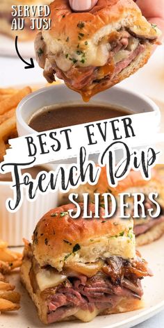 two photos of roast beef sliders, one on a plate, and one being dipped into a cup of jus. text reads "Best Ever French Dip Sliders" and "served au jus!" Roast Beef French Dip, Roast Beef Sliders Recipes, Rolled Roast Beef, Horseradish Mayo, Sliders Recipes Beef, Beef Au Jus, Tender Roast Beef