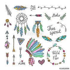 Vector: Boho style elements. Hand drawn tribal symbols^ arrows, feathers… Tattoo Arrow, Tattoo Feather, Arrow Tattoos, Pop Pop, Feather Tattoos, Nature Tattoos, Trendy Tattoos