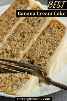 a slice of banana cream cake on a plate with a fork