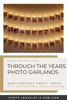 an anniversary party with candles and pictures hanging on the wall, in front of a white background