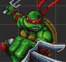 a cross stitch pattern of a teenage mutant ninja holding a knife and wearing a red helmet