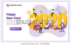 happy new year banner or landing page with people celebrating in the form of numbers and fireworks