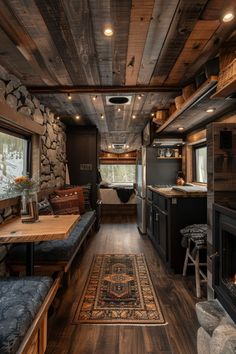 Converted Bus Interior, Small Camper Makeover On A Budget, Camper Design Interior, Moody Camper Interior, 5th Wheel Bathroom Remodel, Witchy Rv Remodel, Dark Camper Interior, Portable Tiny House Trailers, Trailer House Interior