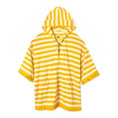 Front-facing product image of the 'Saffron Stripe' Beach Towel Top that features fringed hems and cuffs, custom woven interior label, oversized hood, horizontal yellow and white stripes, bamboo toggle and loop closures on collar opening, all made from plush, double-faced organic cotton terry cloth Beach Poncho, Poncho Dress, Striped Beach Towel, Coverup Dress, Beach Coverup Dress, Hand Chain, Top Collection, Sweater And Shorts, Terry Cloth