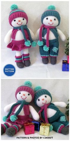 two stuffed animals wearing knitted hats and scarves