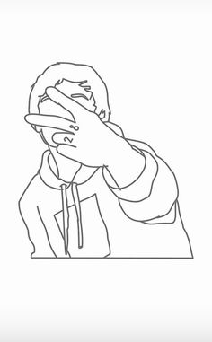 a line drawing of a man covering his face with his hand while sitting at a table