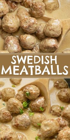 swedish meatballs are being cooked in a skillet and served with gravy