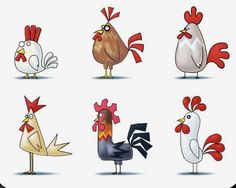 six different types of roosters are shown in this cartoon style illustration, which depicts the various colors and sizes of their feathers