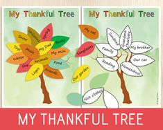 two thanksgiving tree cards with words on them