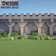 a screenshot of a brick wall with grass and bushes in front of it, the text nerdak minecraft build