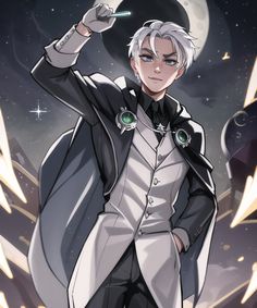 an anime character with white hair and green eyes pointing to the sky while standing in front of a full moon