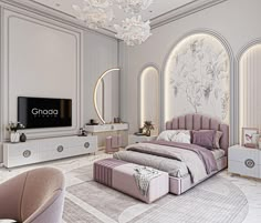 the bedroom is decorated in white and pink