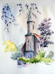 a watercolor painting of a church with trees in the foreground and clouds in the background