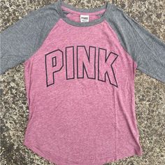 Size Xs But Can Fit A Small New Without Tags Pink Sporty T-shirt For Fall, Pink Long Sleeve Top With Letter Print, Pink Long Sleeve Tops With Letter Print, Trendy 3/4 Sleeve Cotton T-shirt, Trendy Cotton T-shirt With 3/4 Sleeves, Spring Letter Print Half Sleeve Tops, Half Sleeve Letter Print Tops For Spring, Casual Pink Raglan Sleeve Top, Casual Pink Top With Raglan Sleeves