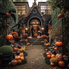 a house decorated for halloween with pumpkins and other decorations