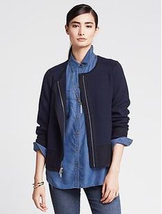 Colorblock Zip Sweater Jacket>soft yet polished, and in navy Work Suits, Women's Sweaters, Modern Outfits, Zip Sweater, Dress Shirts, Cashmere Sweaters, Sweater Jacket, Blazer Jacket, Color Blocking