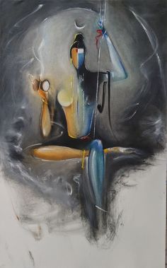 an abstract painting depicting a woman holding a lamp in her right hand and another figure on the other side